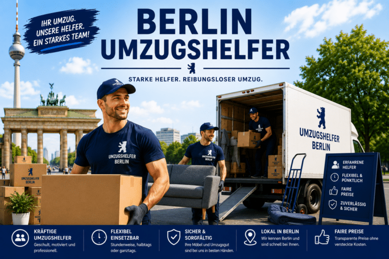 Berlin Umzugshelfer mit Hinweis auf zuverlässige Umzugshilfe, Möbelpacker, Transport und Tragearbeiten in Berlin
