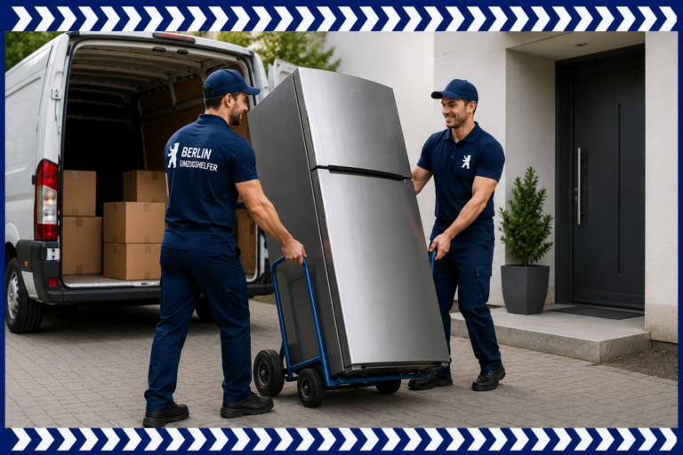 Umzugshelfer in Berlin transportieren einen Kühlschrank sicher mit Sackkarre und Transporter