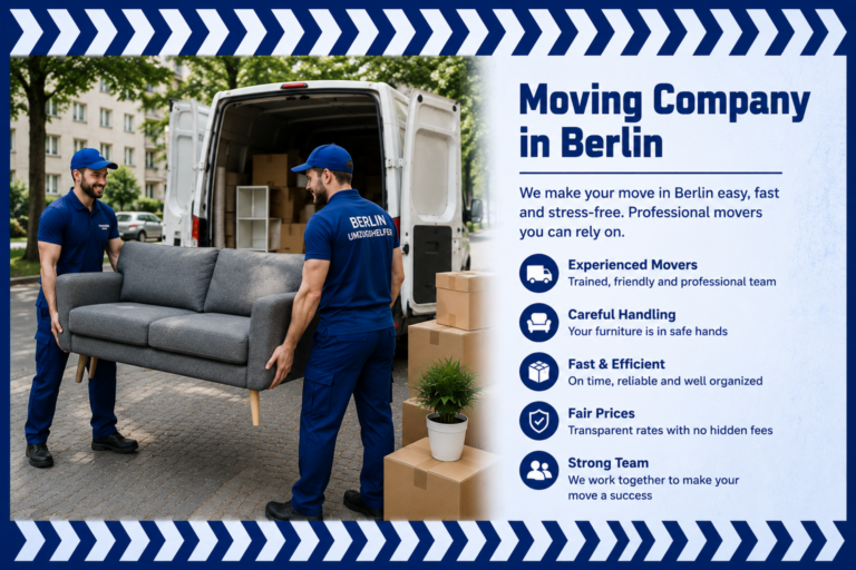 Reliable movers in Berlin carry furniture in front of a moving van for an English-speaking moving company service