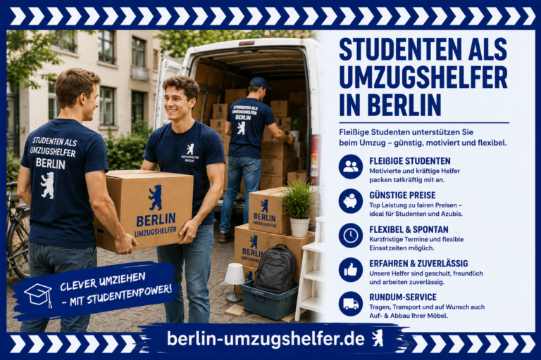 Studenten als Umzugshelfer in Berlin tragen Möbel und Umzugskartons vor einem Transporter und unterstützen flexibel beim Umzug