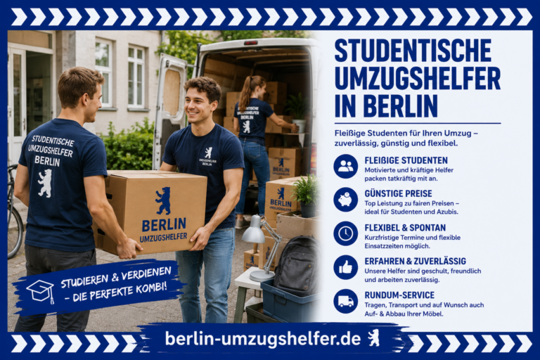 Studentische Umzugshelfer in Berlin tragen Möbel und Umzugskartons vor einem Transporter und unterstützen günstig beim Umzug