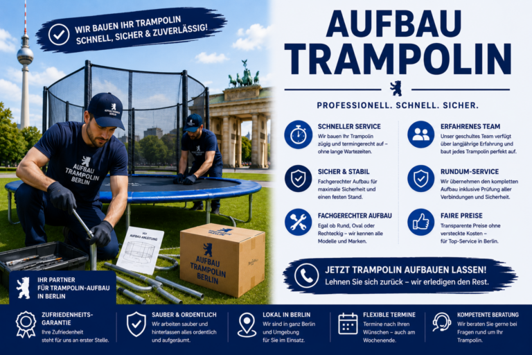 Umzugshelfer in Berlin bauen ein Trampolin im Garten fachgerecht auf und unterstützen bei Montage, Befestigung und sicherem Aufbau