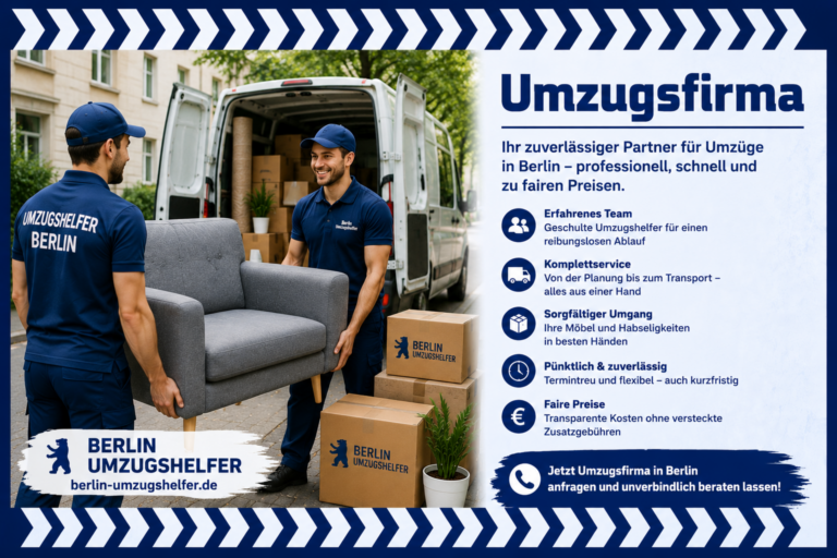 Umzugsfirma in Berlin mit Möbelpackern vor einem Transporter für Umzug, Möbeltransport und professionelle Umzugshilfe