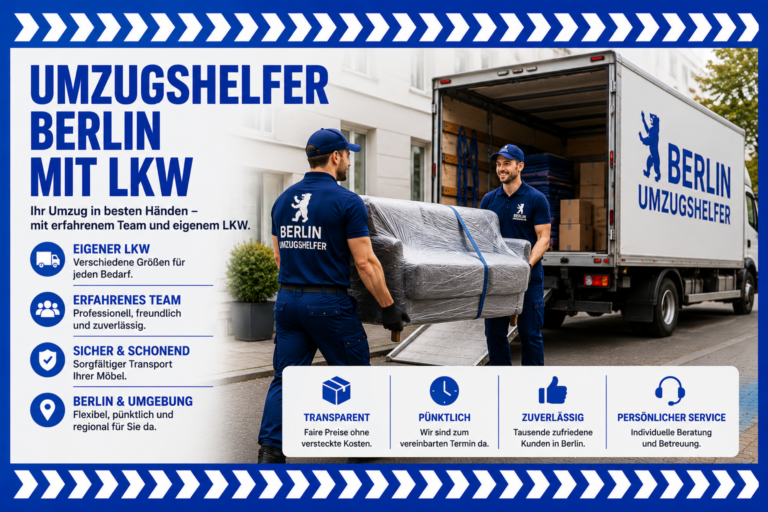Umzugshelfer in Berlin beladen einen LKW mit Möbeln und Umzugskartons für einen zuverlässigen Umzug mit Transportfahrzeug