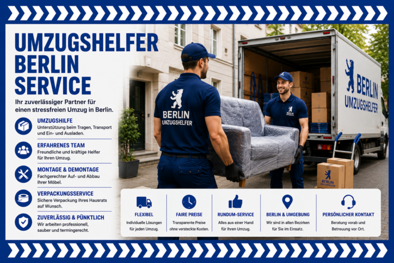 Umzugshelfer in Berlin tragen Möbel und Kartons vor einem Transporter und zeigen den Service für Umzug, Transport und Montage