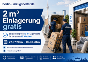 Sonderangebot von Berlin-Umzugshelfer.de: 2 m³ Einlagerung gratis bei Buchung von 10 m³ Lagerfläche für die ersten 12 Wochen.