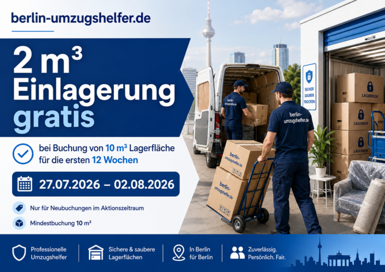 Sonderangebot von Berlin-Umzugshelfer.de: 2 m³ Einlagerung gratis bei Buchung von 10 m³ Lagerfläche für die ersten 12 Wochen.