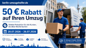 Sonderangebot von Berlin-Umzugshelfer.de: 50 € Rabatt auf Ihren Umzug in Berlin bei Neubuchung im Aktionszeitraum.