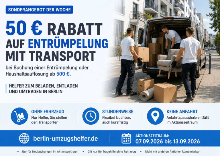 Umzugshelfer bei einer Entrümpelung mit Transport in Berlin – 50 € Rabatt bei Neubuchung ab 500 €.