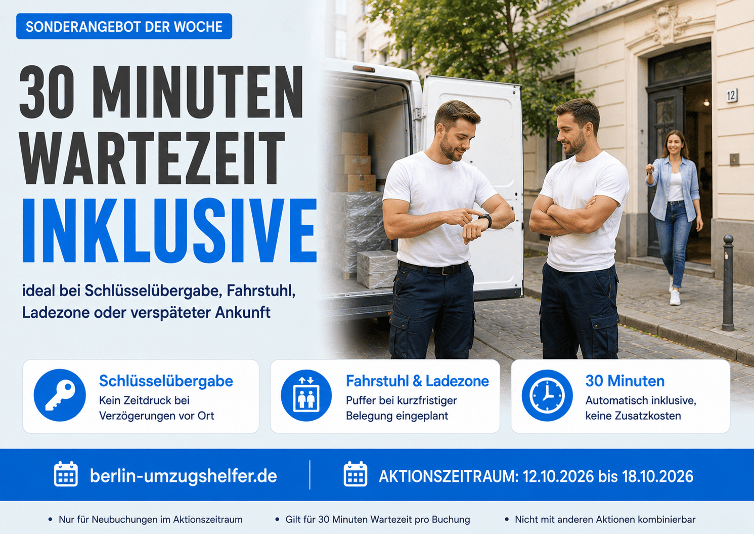 Berliner Umzugshelfer Sonderangebot: 30 Minuten Wartezeit inklusive
